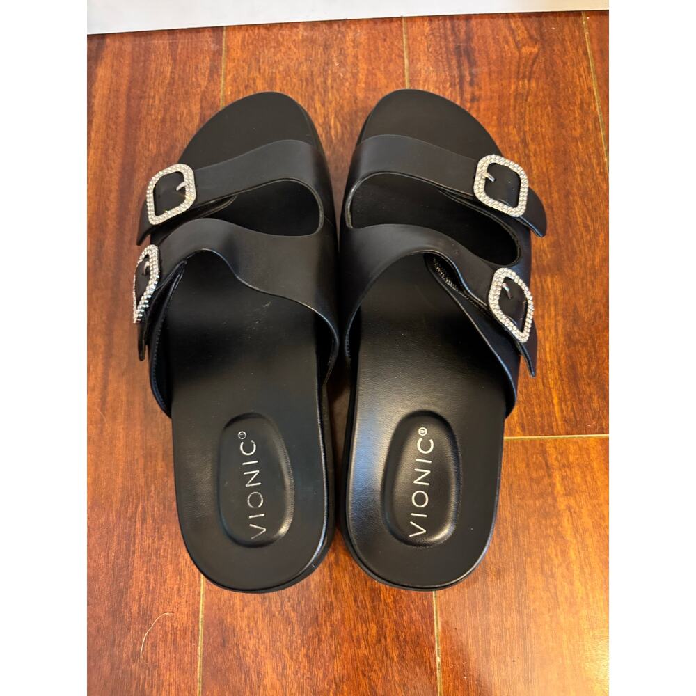Vionic Black Platform Slide Sandals with Silver Buckles - Picture 5 of 9